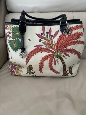 Brighton Tropical Canvas Tote Bag with Pink Palm Print and monkeys
